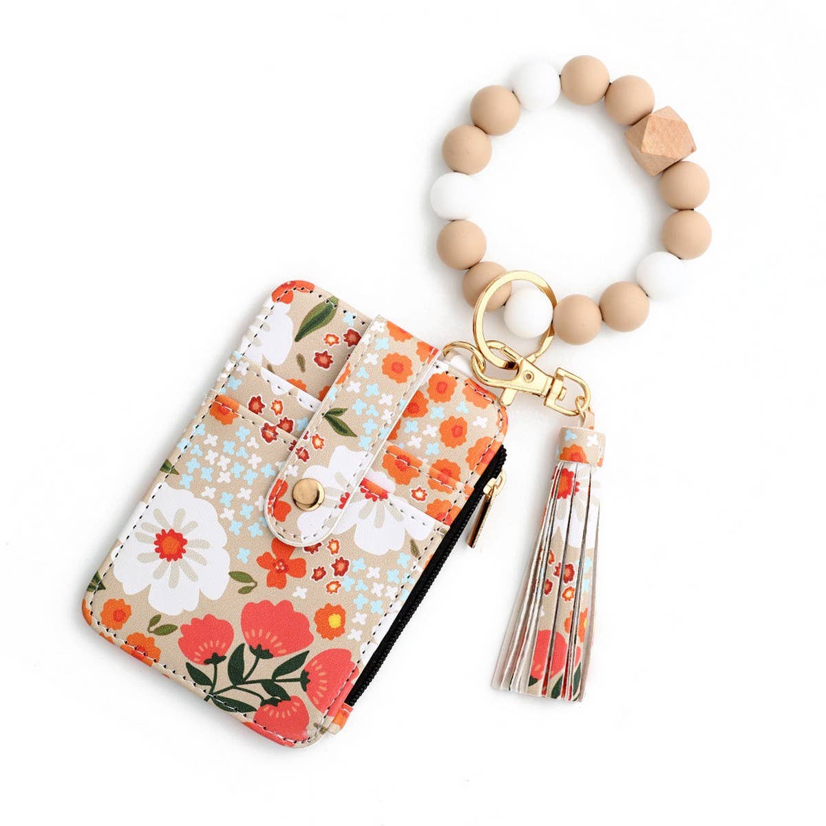 Floral Print PU Wallet with Silicone Bead Keychain_CWAB4930