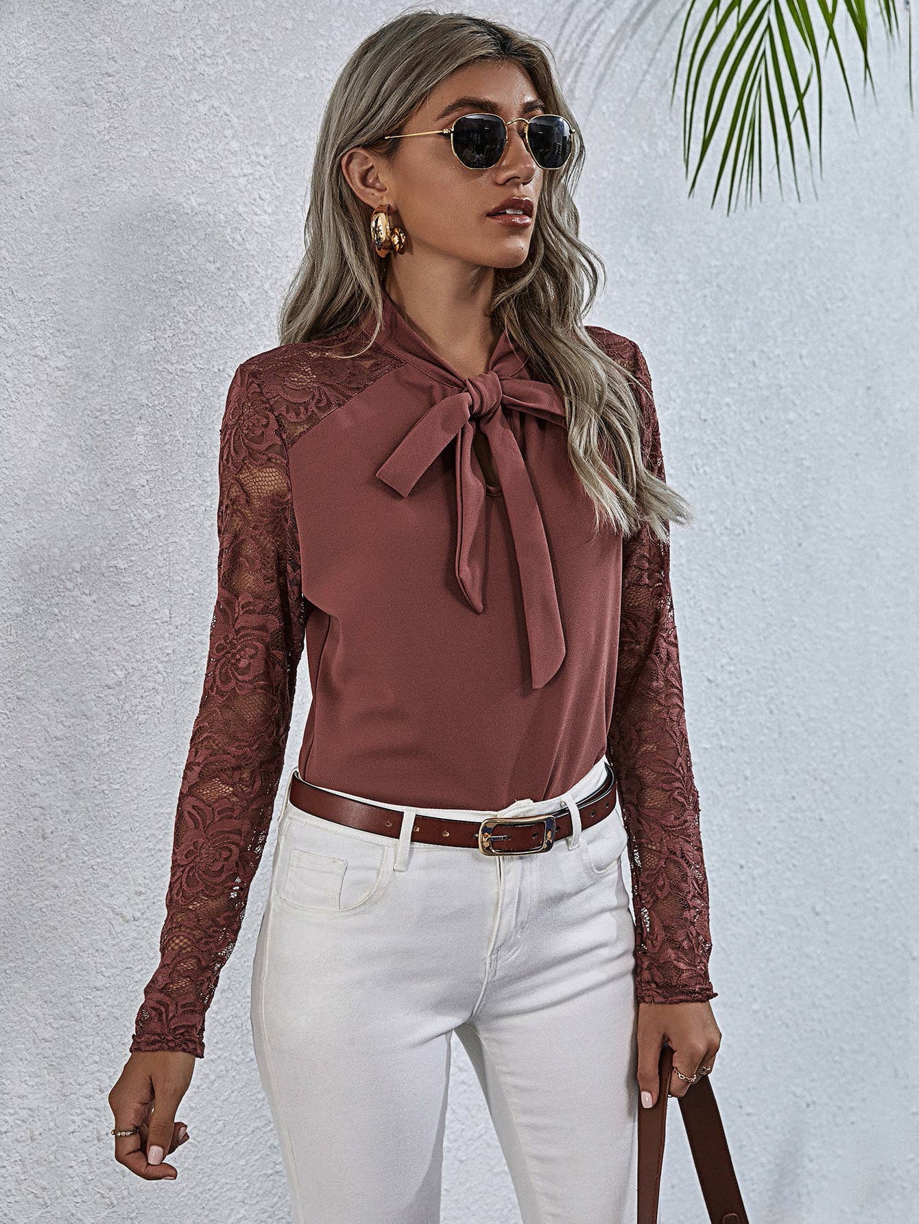 Solid-color lace patchwork long-sleeved shirt