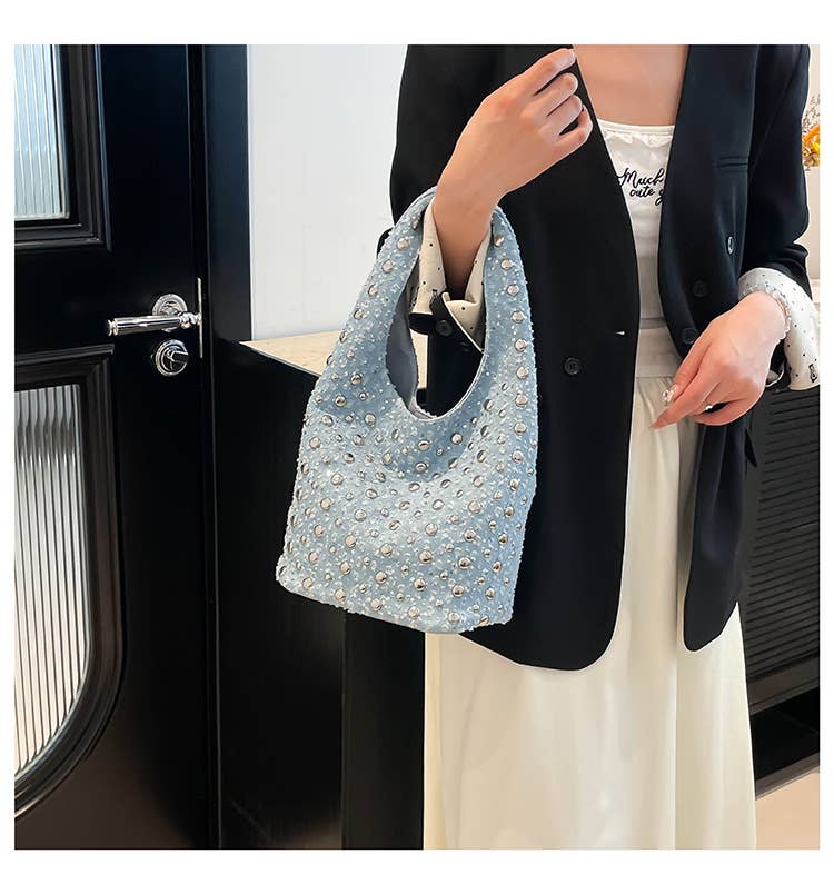 Fashionable riveted denim single-shoulder bag