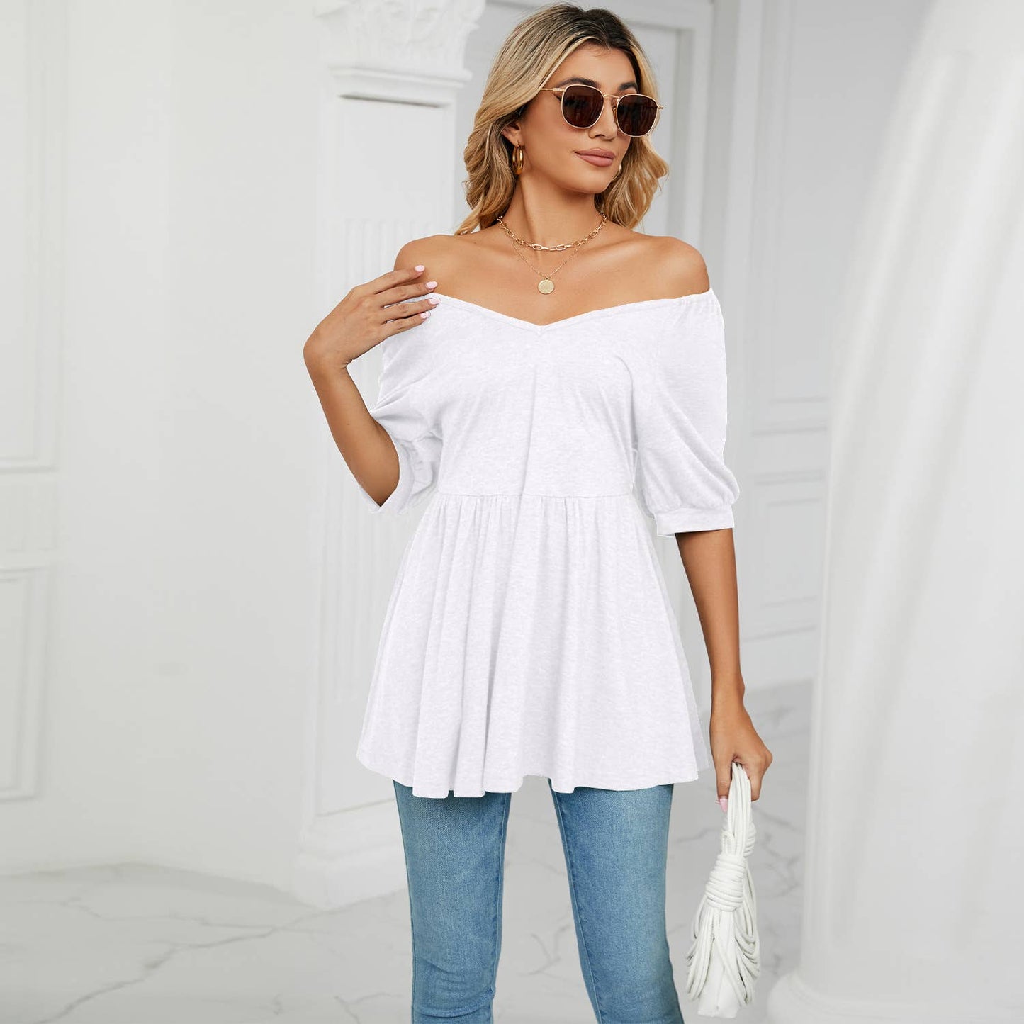 V-NECK BUBBLE SHORT SLEEVE T-SHIRT TUNIC