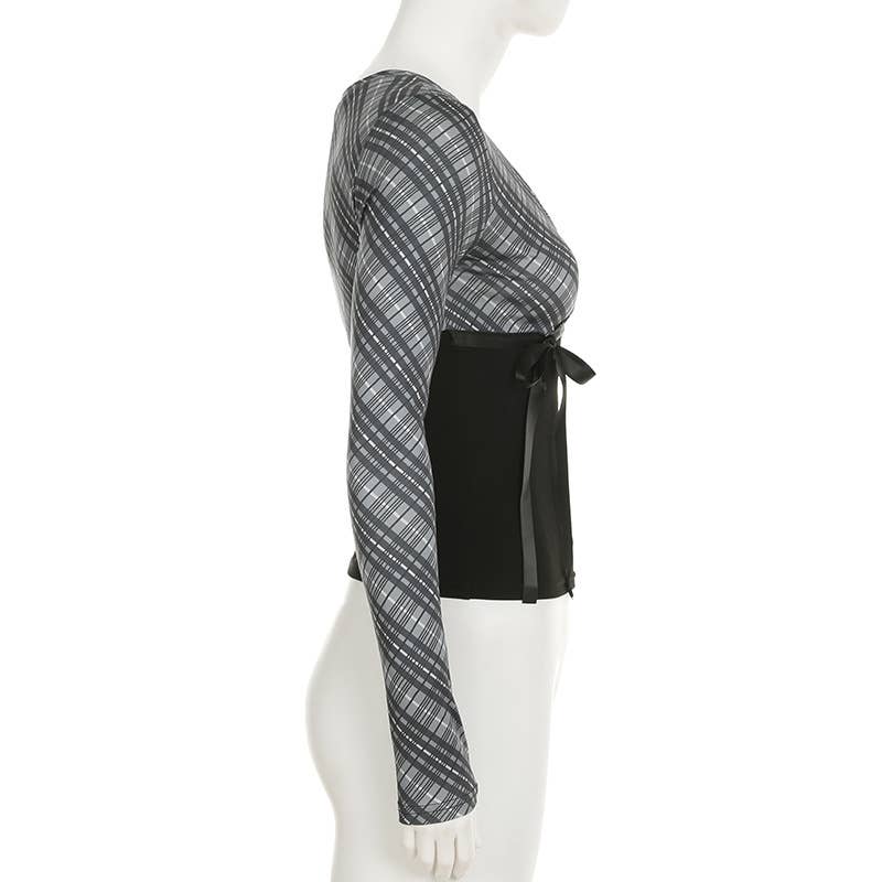 V-neck bow lace-up plaid color patchwork T-shirt