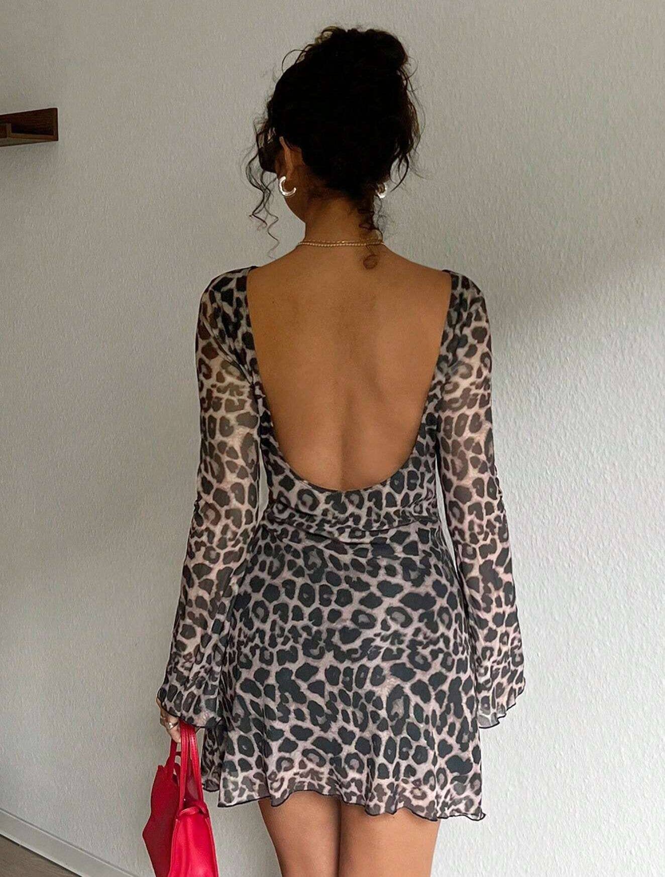 Leopard print mesh short sexy slim backless dress