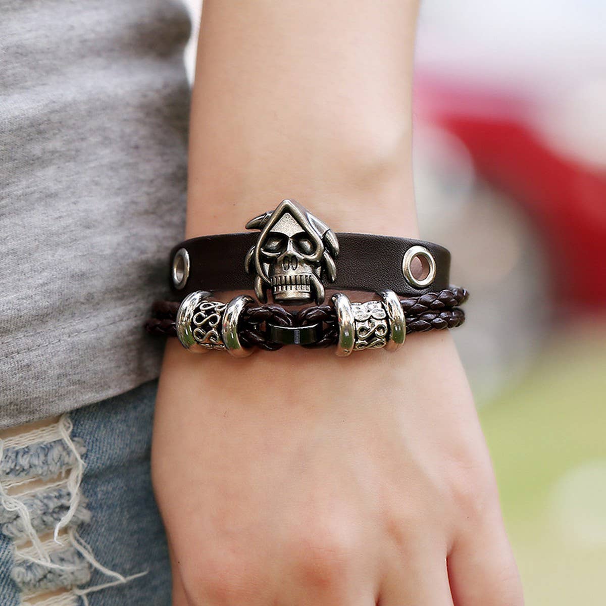 NEW BEADED SKULL BRAIDED LEATHER BRACELET