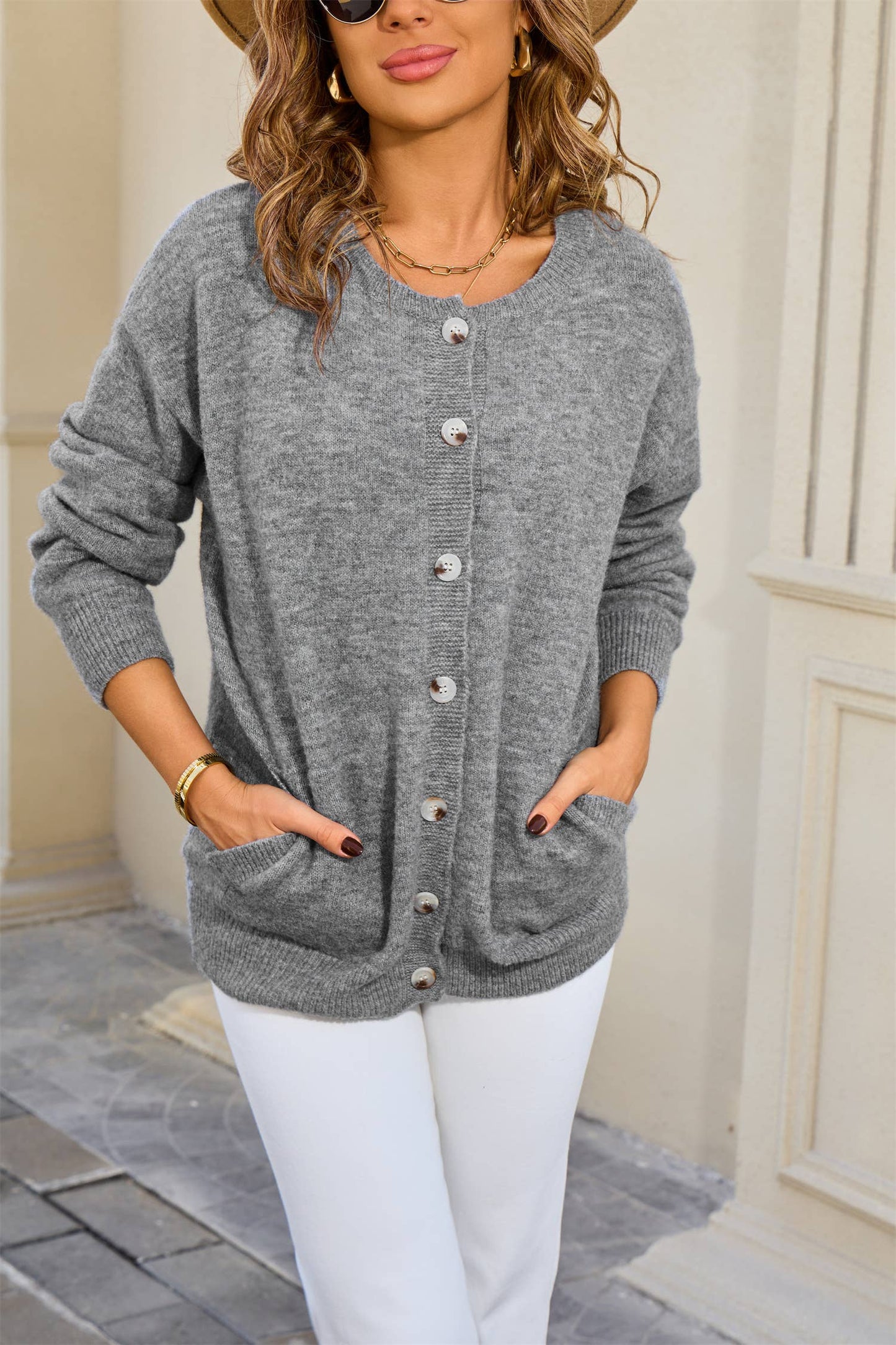 Round tie pocket loose single breasted cardigan
