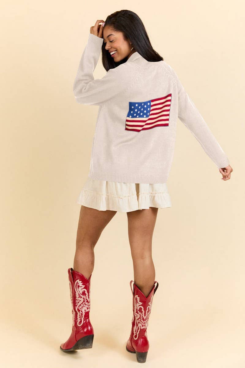 CWOCAL2360_FLAG PRINT V-NECK LOOSE KNIT CARDIGAN SWEATER