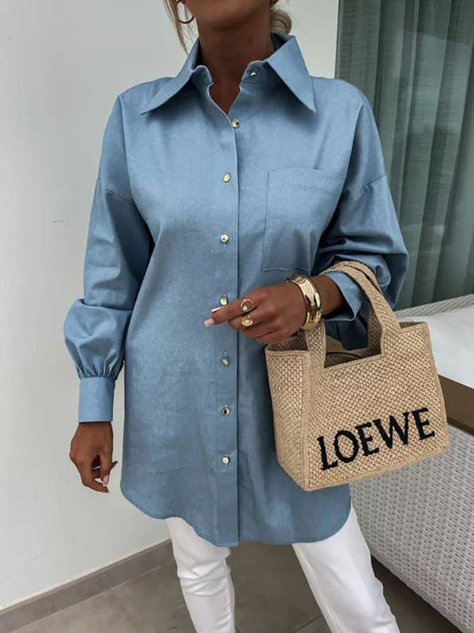 SINGLE BREASTED LONG SLEEVE SHIRT DENIM WASH TOP