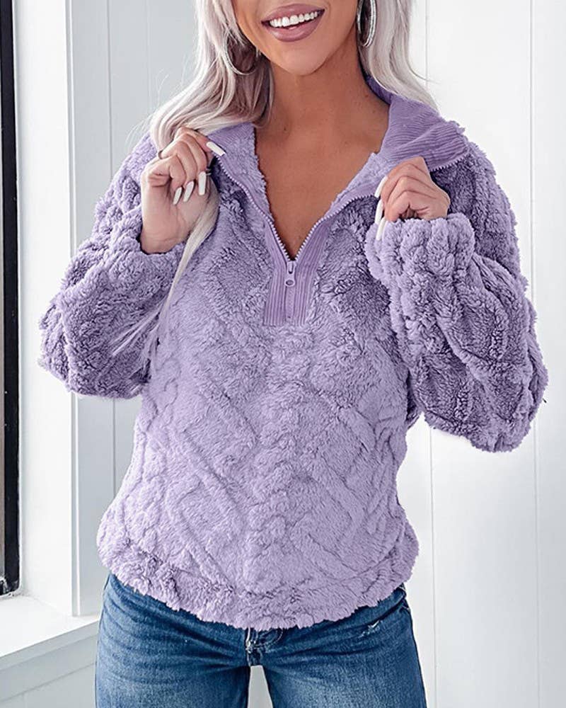 SOLID COLOR HALF ZIP COLLAR LOOSE PLUSH HOODIE