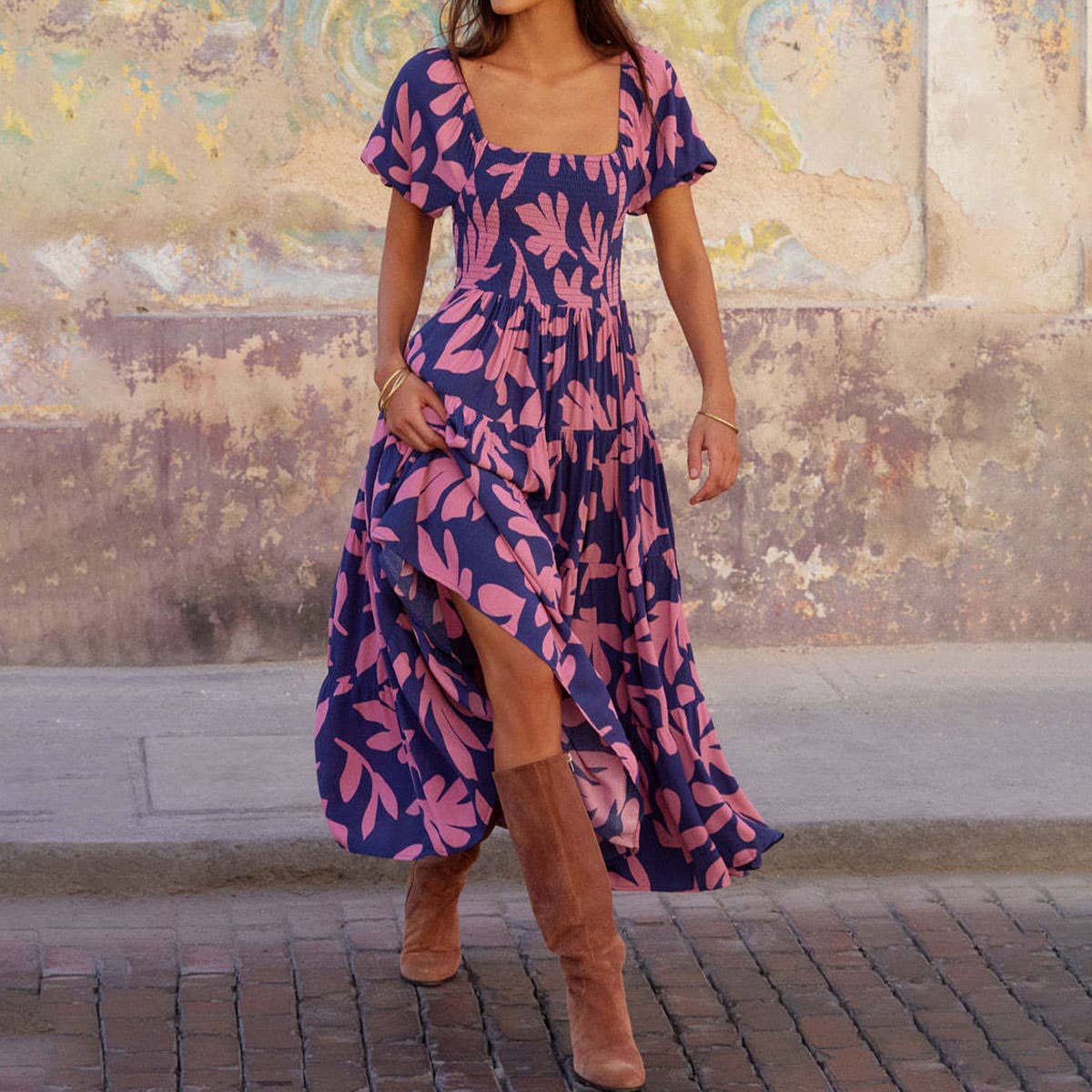 Print puffed sleeve long A-line dress