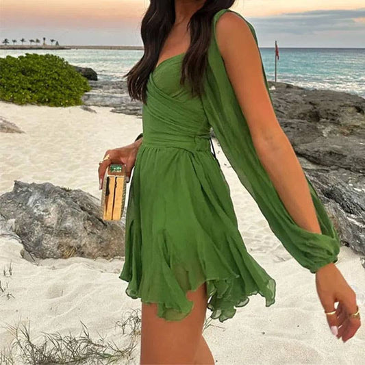 Lantern sleeves deep V-neck dress