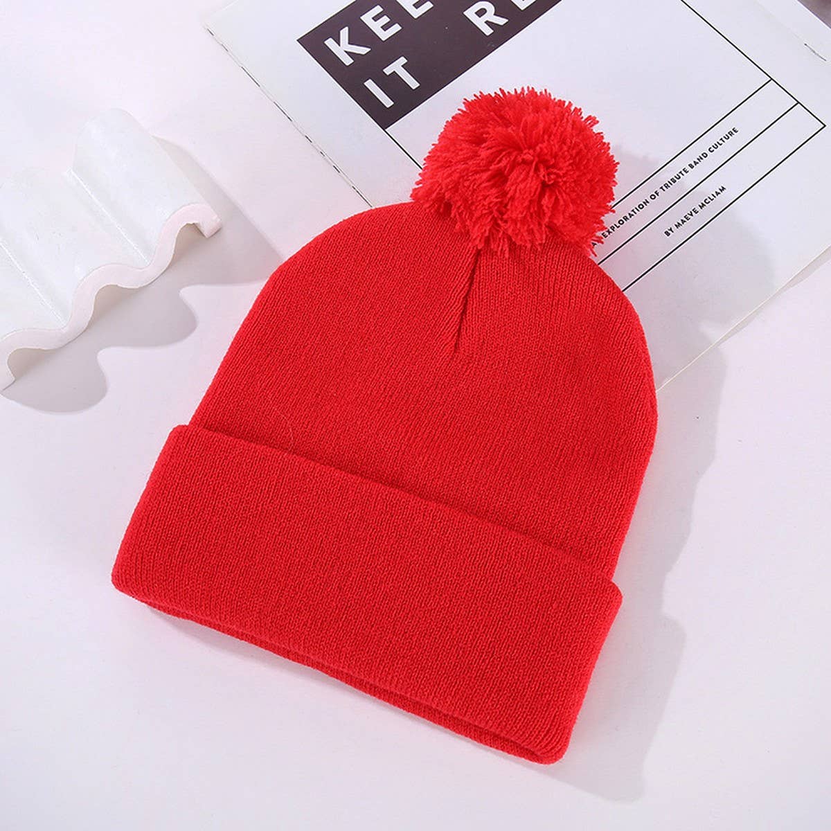 CWMS02753_SOLID COLOR KNIT BEANIE HAT WITH POM POM