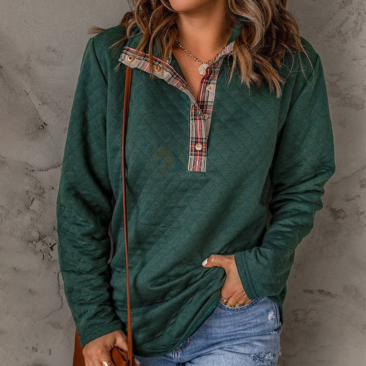 STAND COLLAR SOLID COLOR PLAID HALF-DRAIN HOODIE