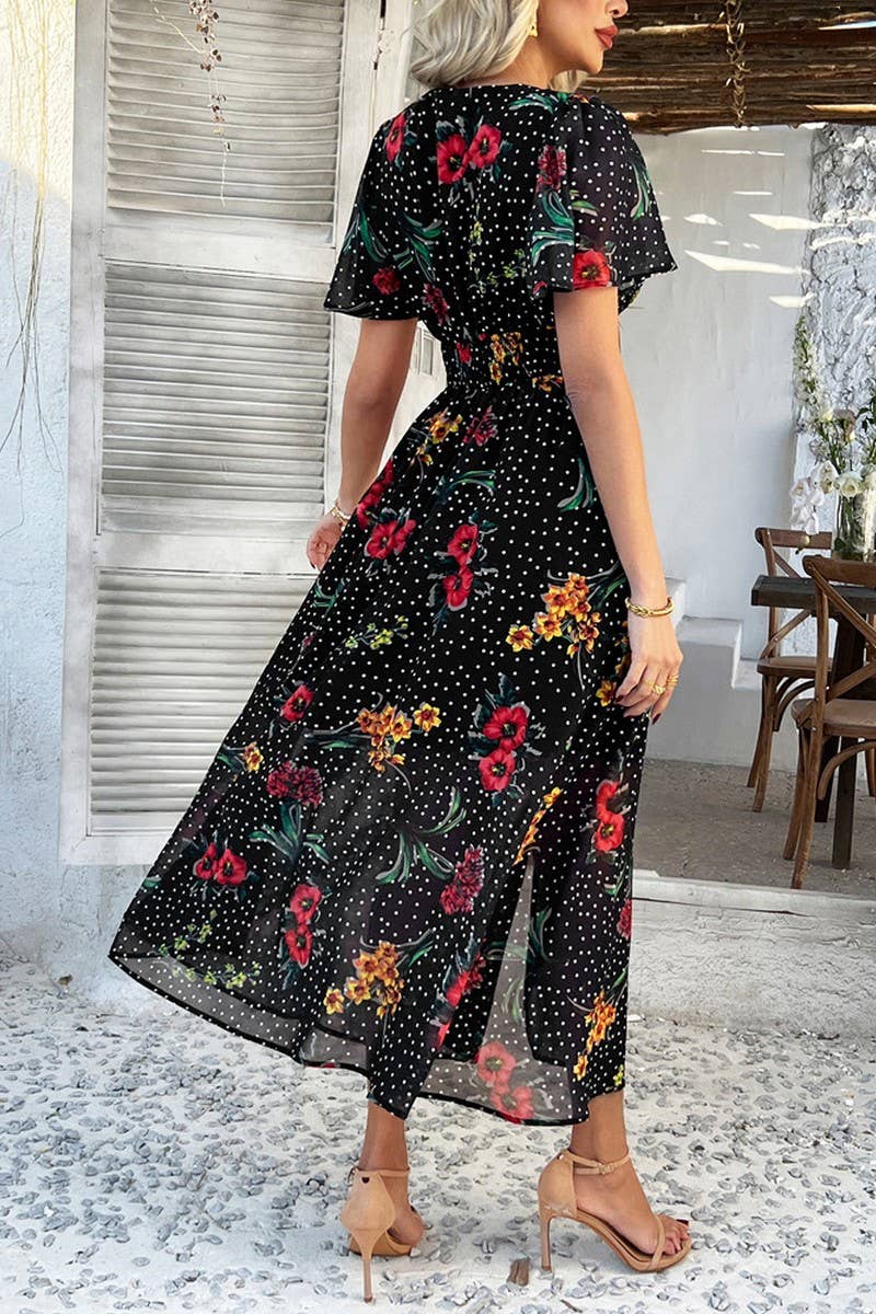 CWDMD5354_SUMMER SEXY DEEP V PRINTED SHORT SLEEVE DRESS