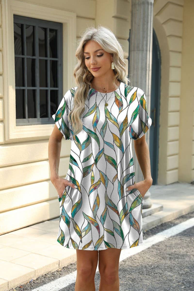 CWDSD7291_PRINTED CREW NECK SHORT SLEEVE POCKET DRESS