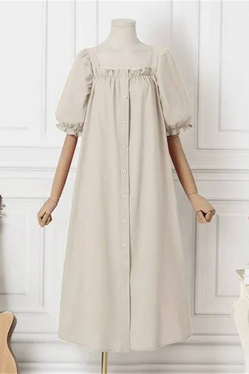 CWDMD3167_SQUARE NECK PUFF SLEEVE BUTTON PLEATED DRESS