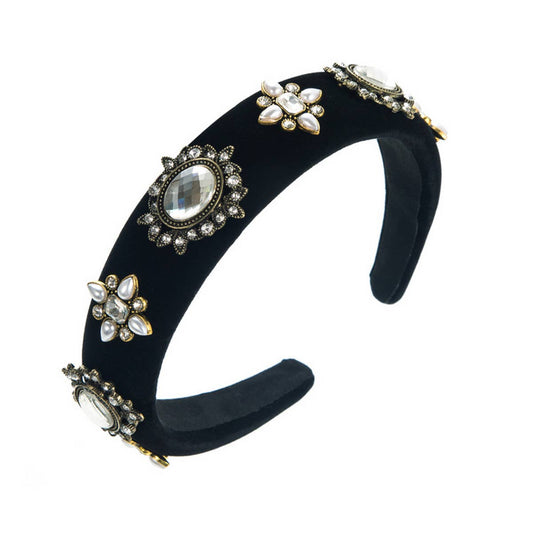 VINTAGE VELVET DIAMOND PEARL FLOWER HEADBAND