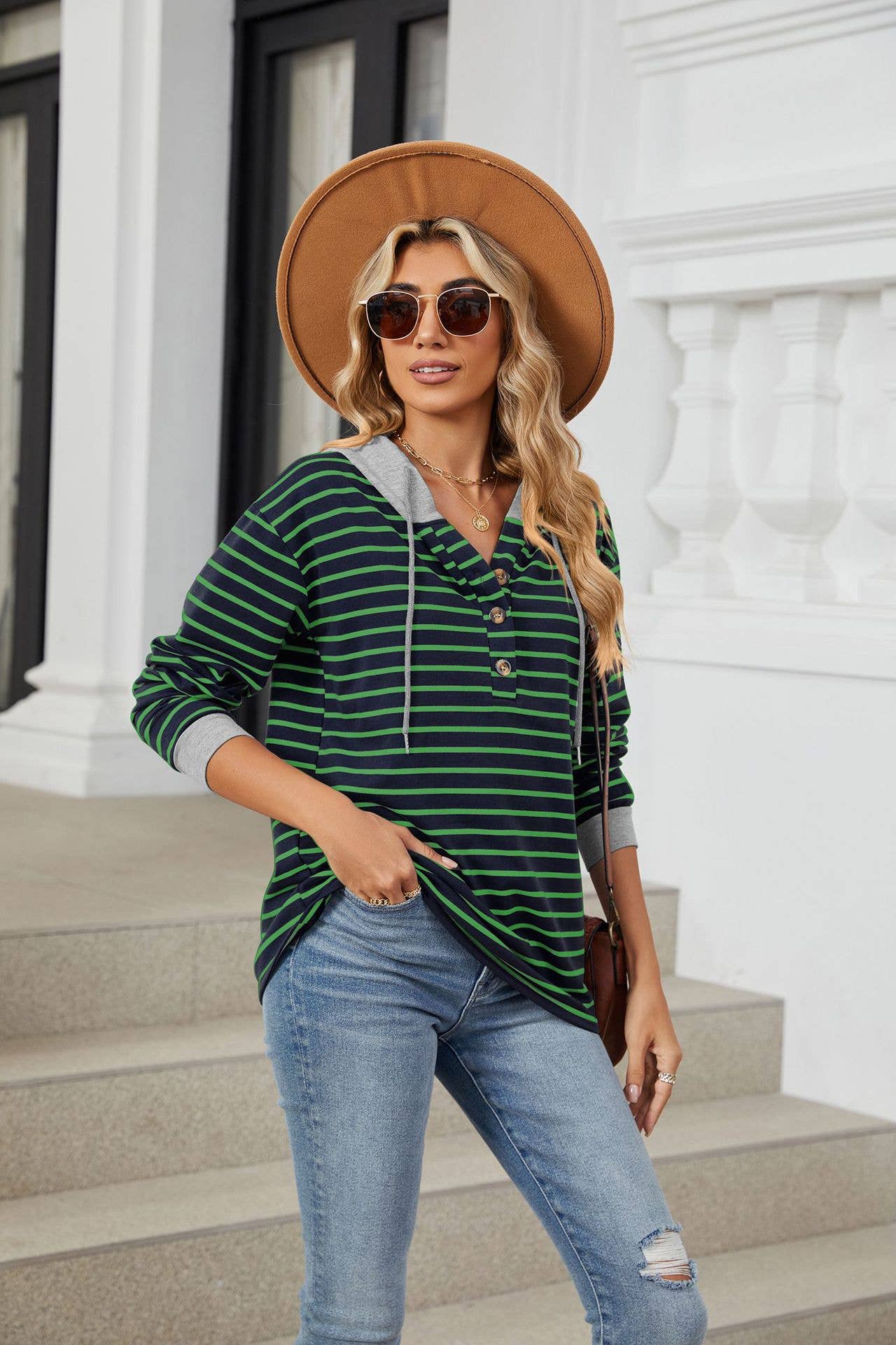 Striped hooded long-sleeved loose sweatshirt