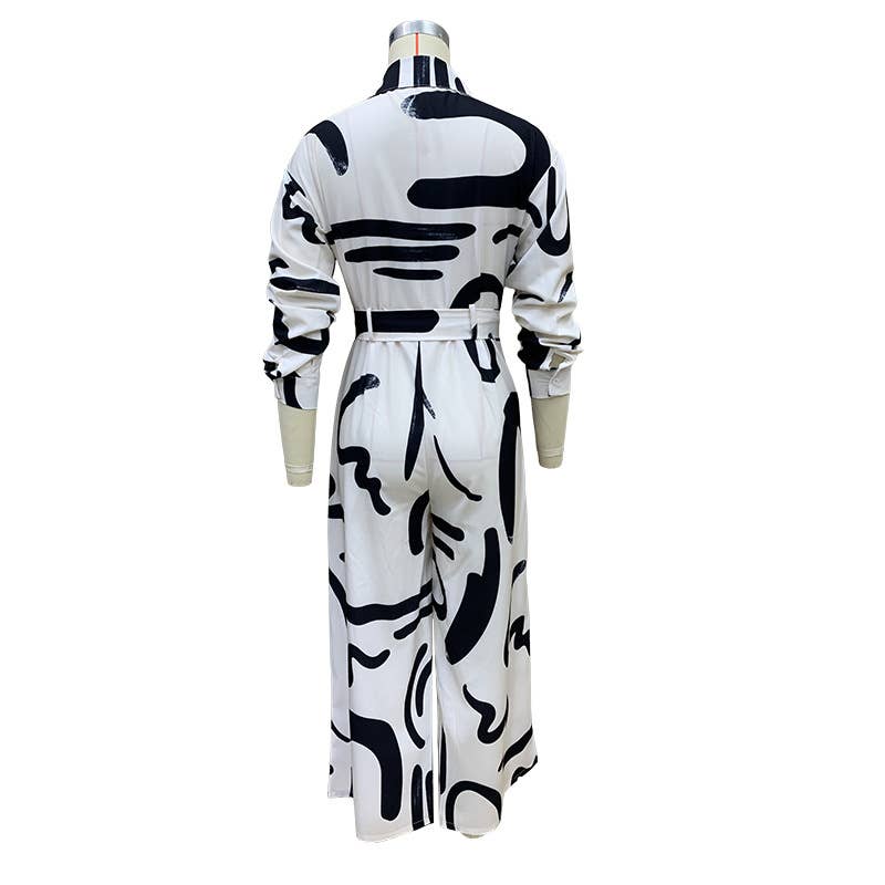 STYLISH CASUAL PRINT LAPEL BAGGY JUMPSUIT