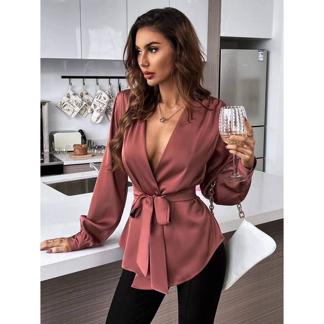 V-NECK SOLID COLOR BELTED ASYMMETRICAL HEM SHIRT