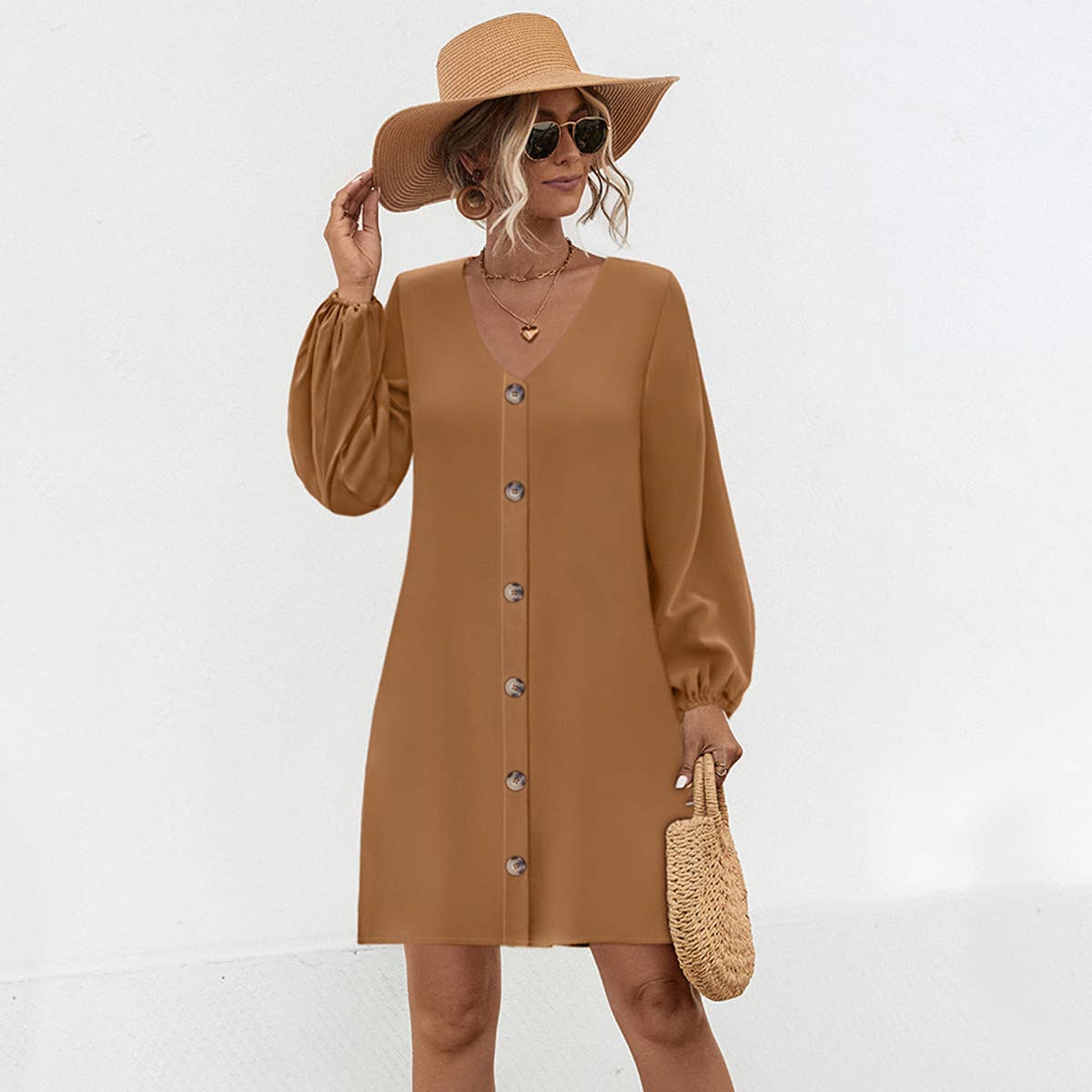 V-NECK SOLID COLOR LANTERN SLEEVE DRESS