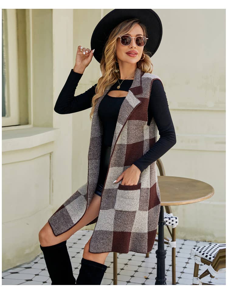 SLEEVELESS COAT PLAID JACQUARD KNIT CARDIGAN