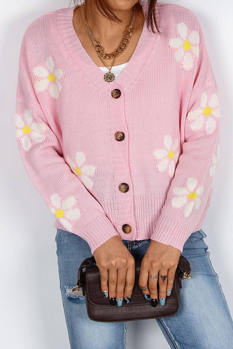 V-NECK FLORAL SINGLE-BREASTED KNIT CARDIGAN