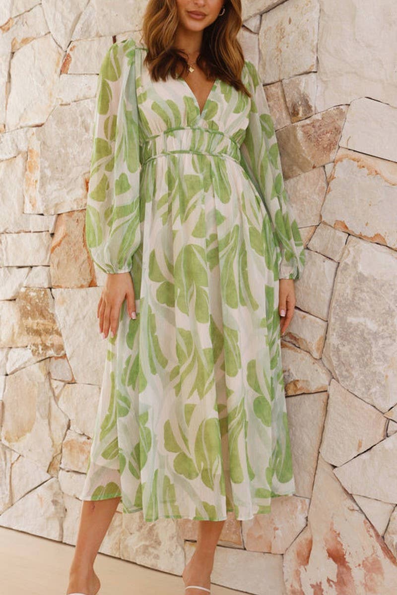 CWDMD5665_ELEGANT V-NECK FLORAL MESH LONG SLEEVE DRESS