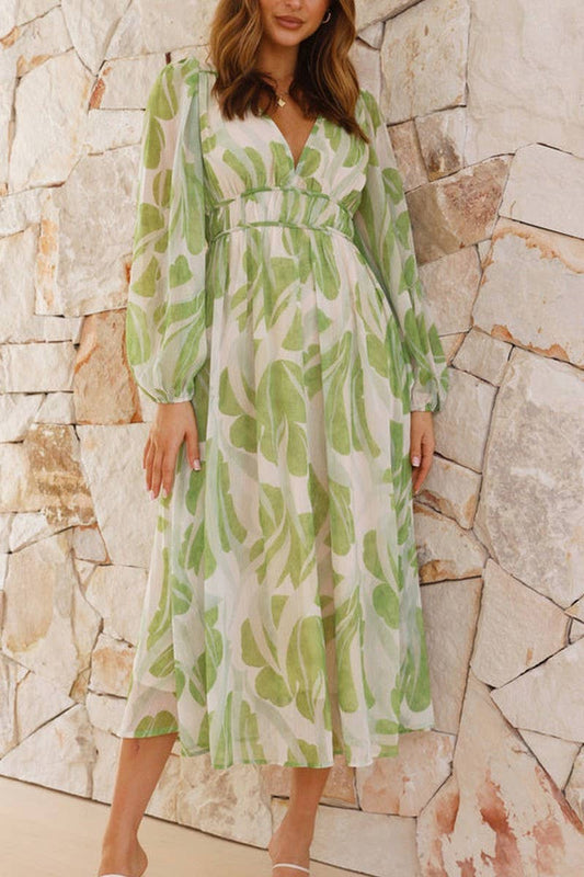 CWDMD5665_ELEGANT V-NECK FLORAL MESH LONG SLEEVE DRESS