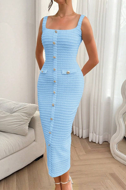 CWDMD01184_SQUARE NECK ELEGANT BUTTON BODYCON MAXI DRESS