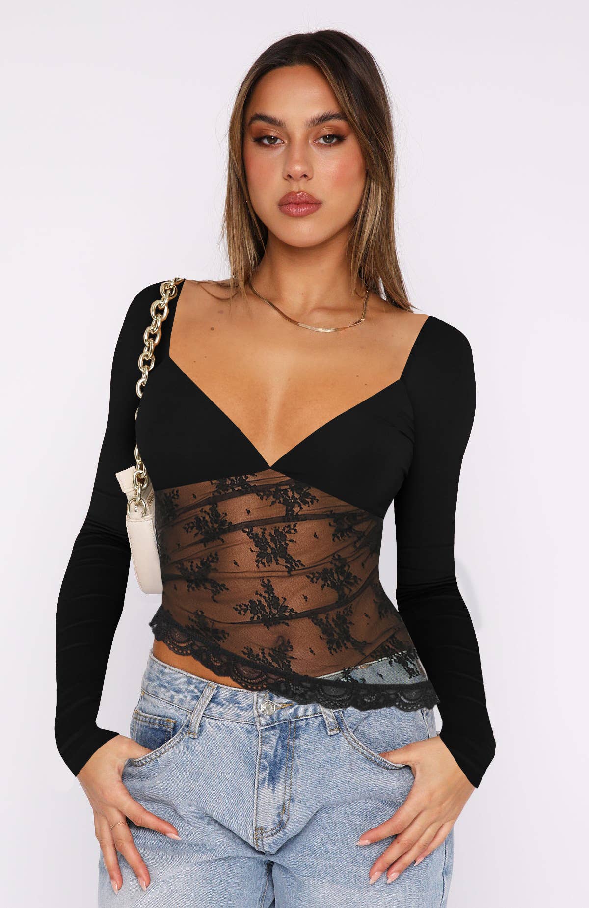 Solid color lace patchwork sexy crop top