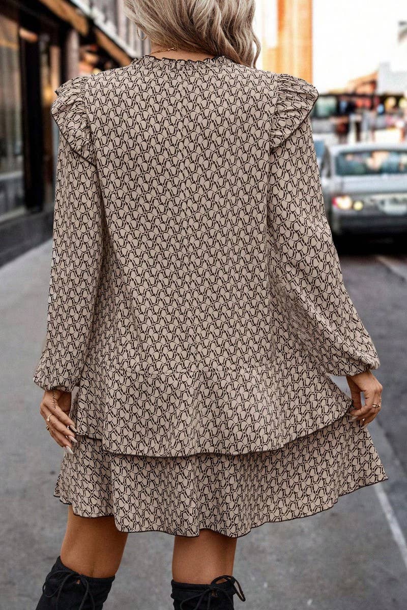 CWDSD8220_V-NECK TIE GEOMETRIC PRINT LONG SLEEVE DRESS