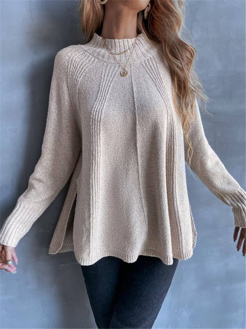 Versatile slit knitted long-sleeved sweater