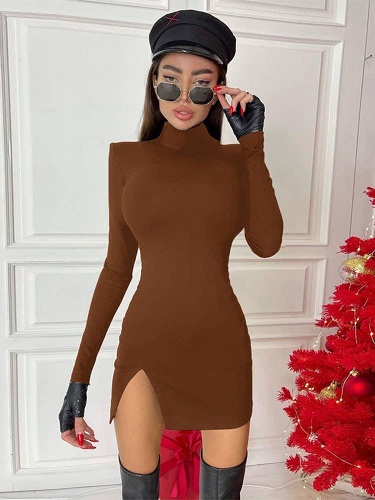 Long-sleeved high-neck sexy slit short dress