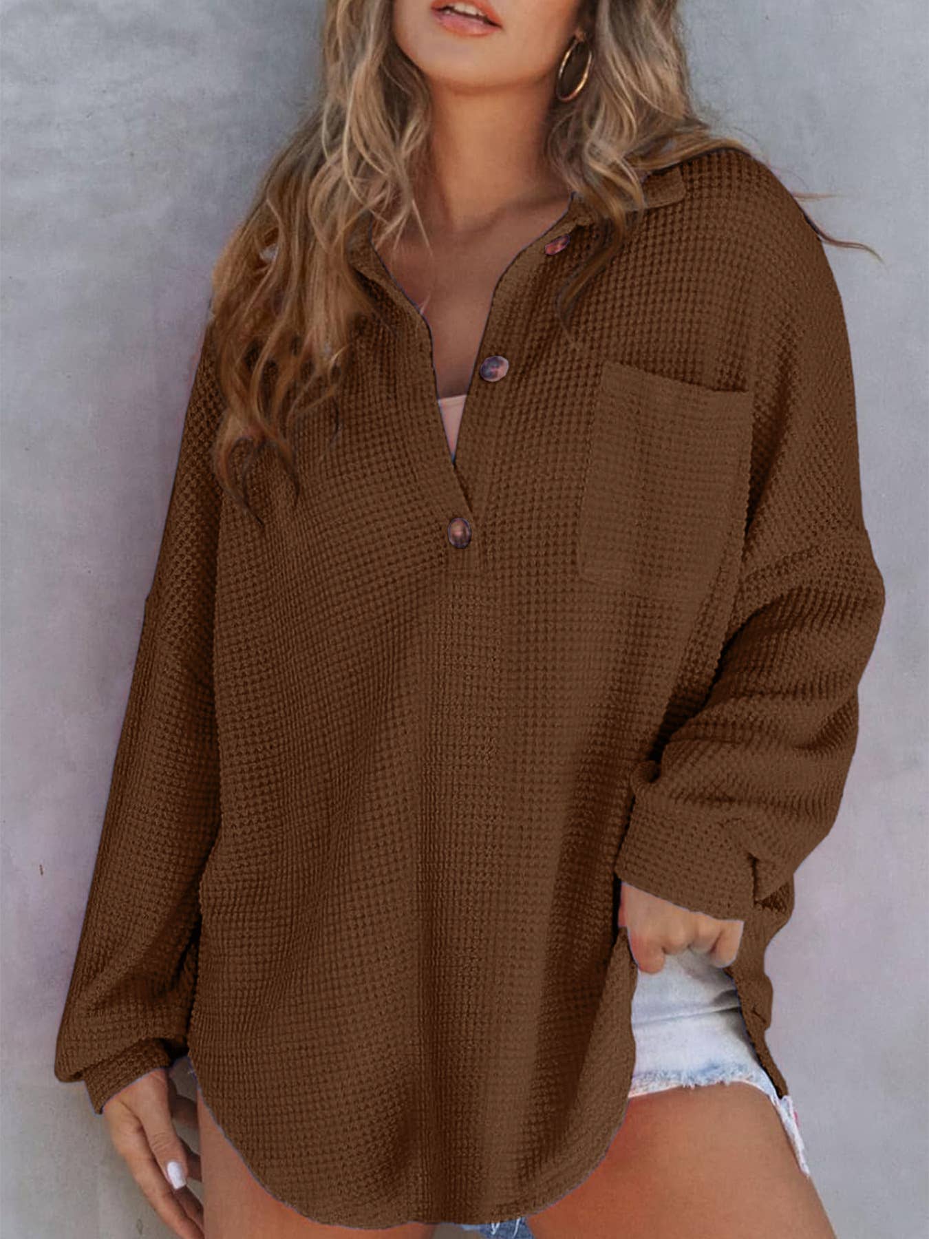 SOLID COLOR WAFFLE SHIRT WITH HALF-BREASTED LAPEL