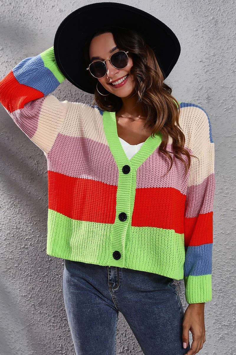 CWOCAL1224_CONTRAST RAINBOW STRIPES LOOSE KNIT CARDIGAN