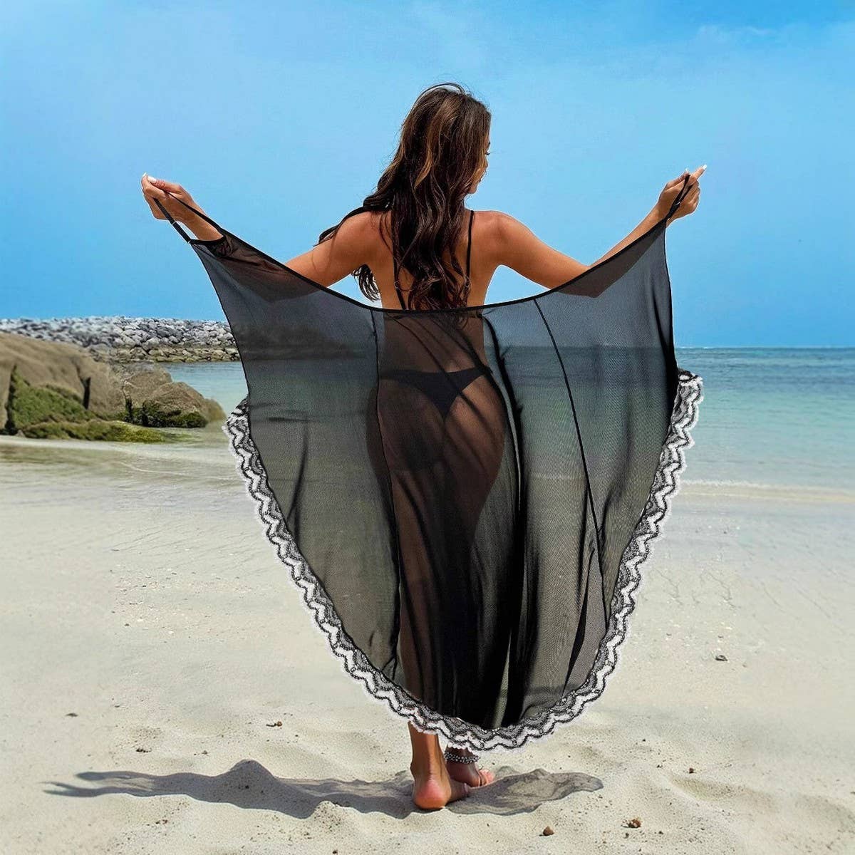 Sheer Lace Beach Cover-Up Dress, Solid Color