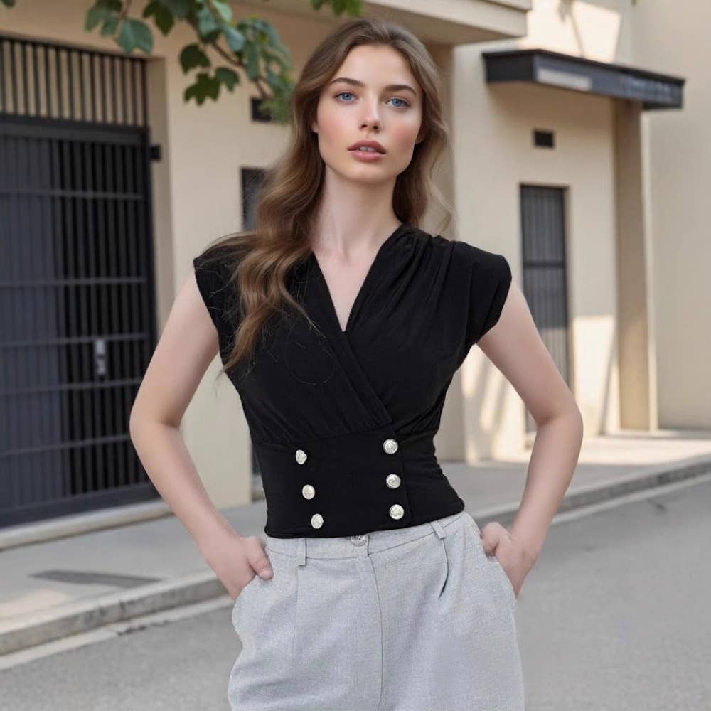 Elegant and simple black V-neck layered vest