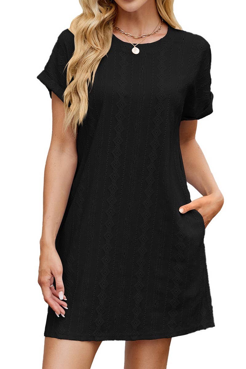 CWDSD7438_SUMMER SOLID COLOR LOOSE SHORT SLEEVE POCKET DRESS