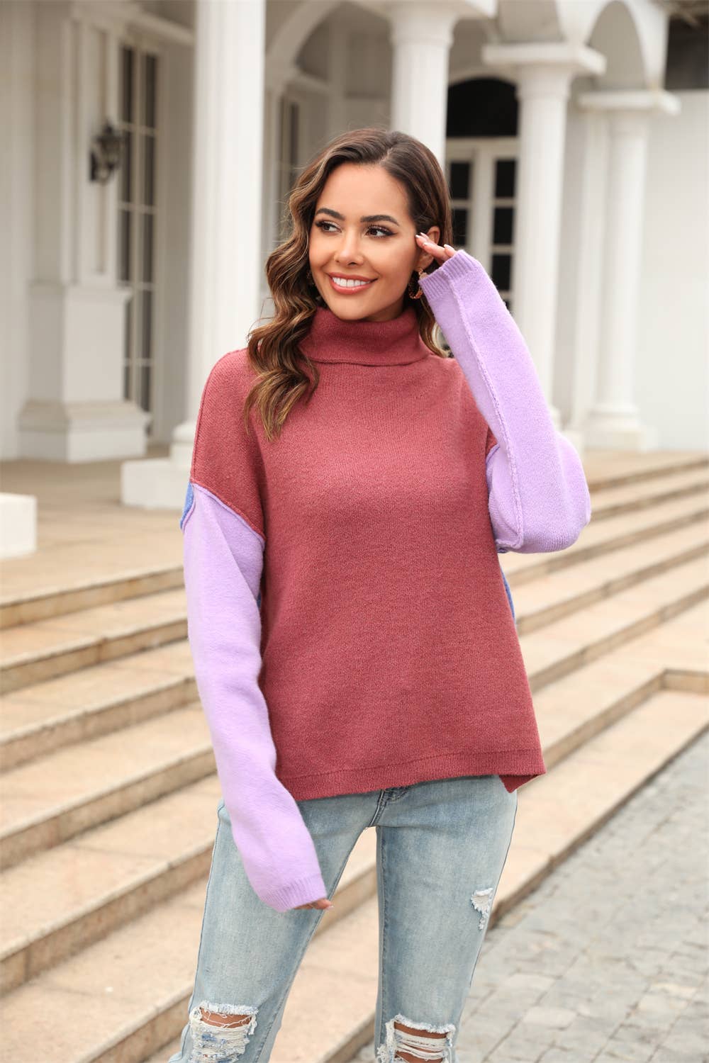 Patchwork Fashion Knit Turtleneck Sweater