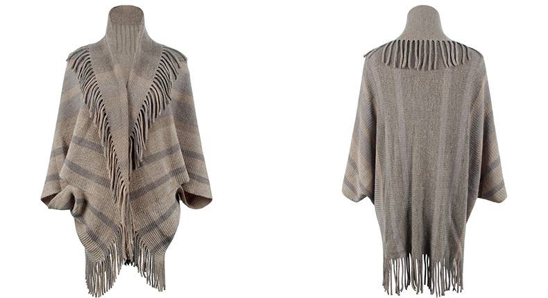 FRINGED CAPE COAT KNITTED STRIPED CAPE WOMAN