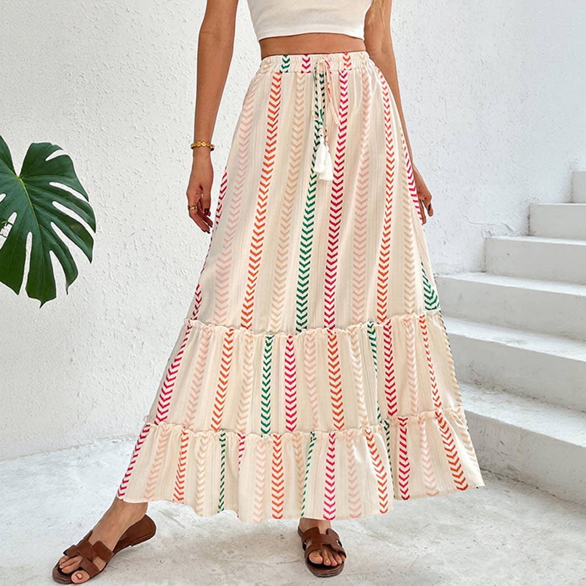 Boho Colorblock Printed Elastic Waist Skirt