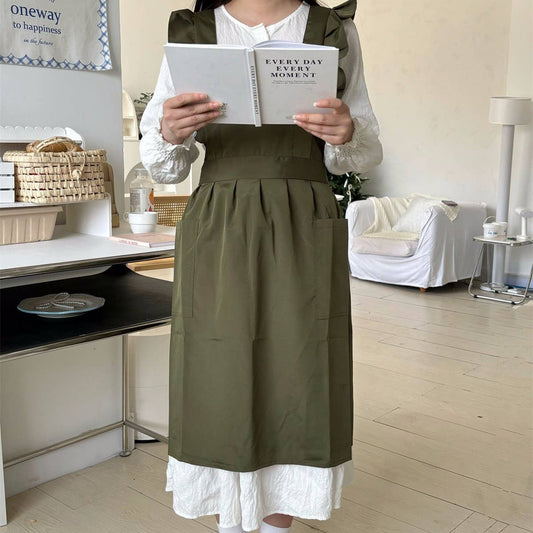 WATERPROOF AND OIL-PROOF OXFORD RUFFLED CROSS APRON