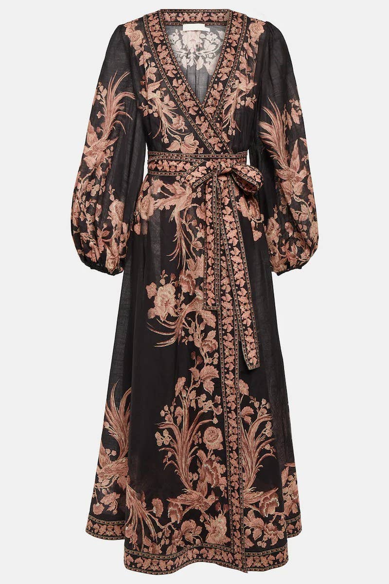 CWDMD5739_V-NECK FASHIONABLE PRINTED LONG-SLEEVED TIE DRESS