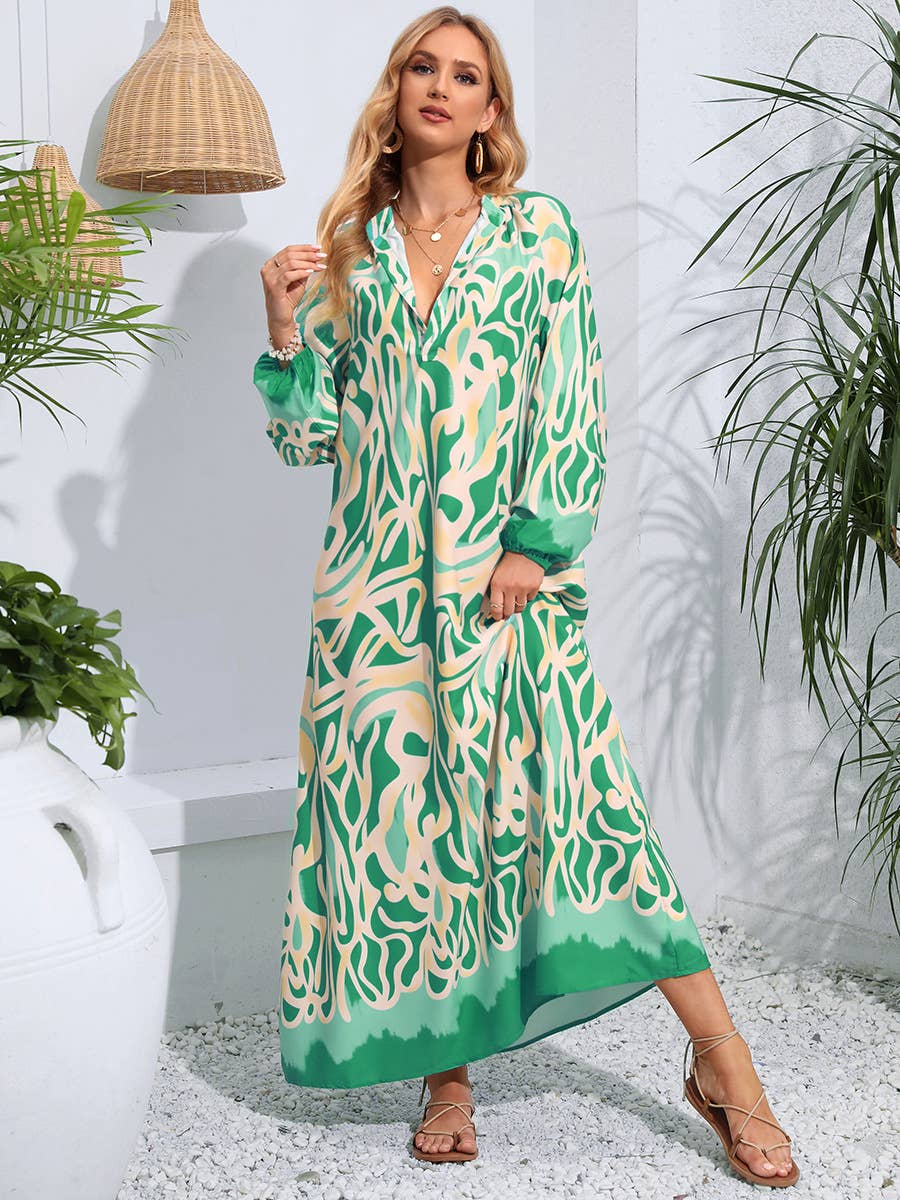 PULLOVER V-NECK PRINT LONG DRESS WITH BIG SWING