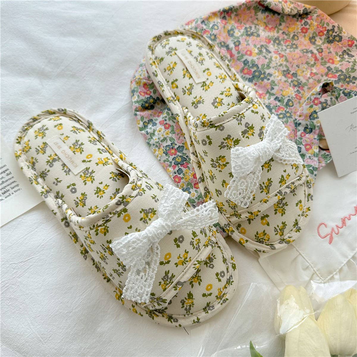 LACE BOW SMALL FLORAL THICK-SOLED HOME SLIPPERS