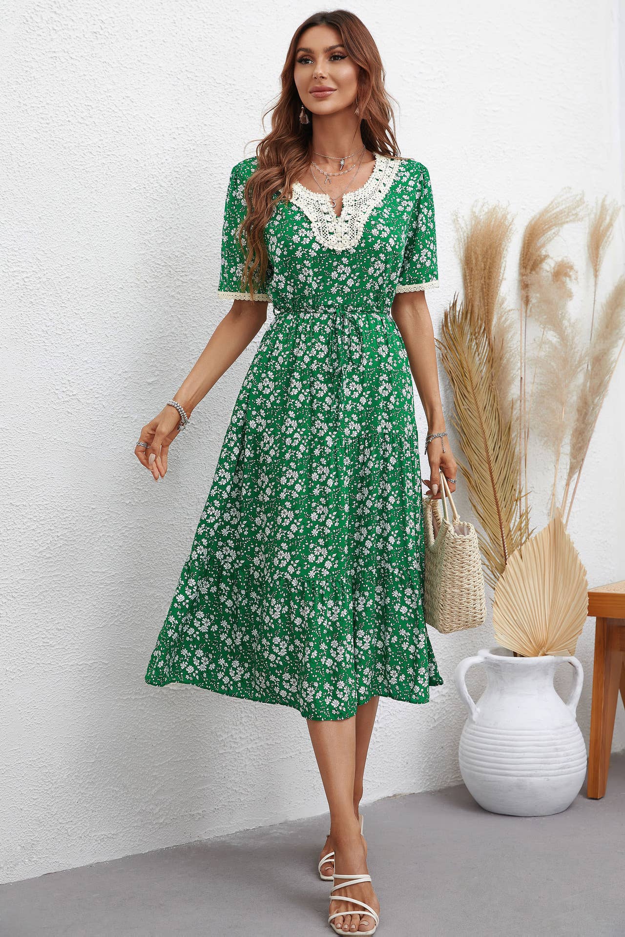 V-NECK FASHION PRINT SLIM-FIT WAISTLINE DRESS
