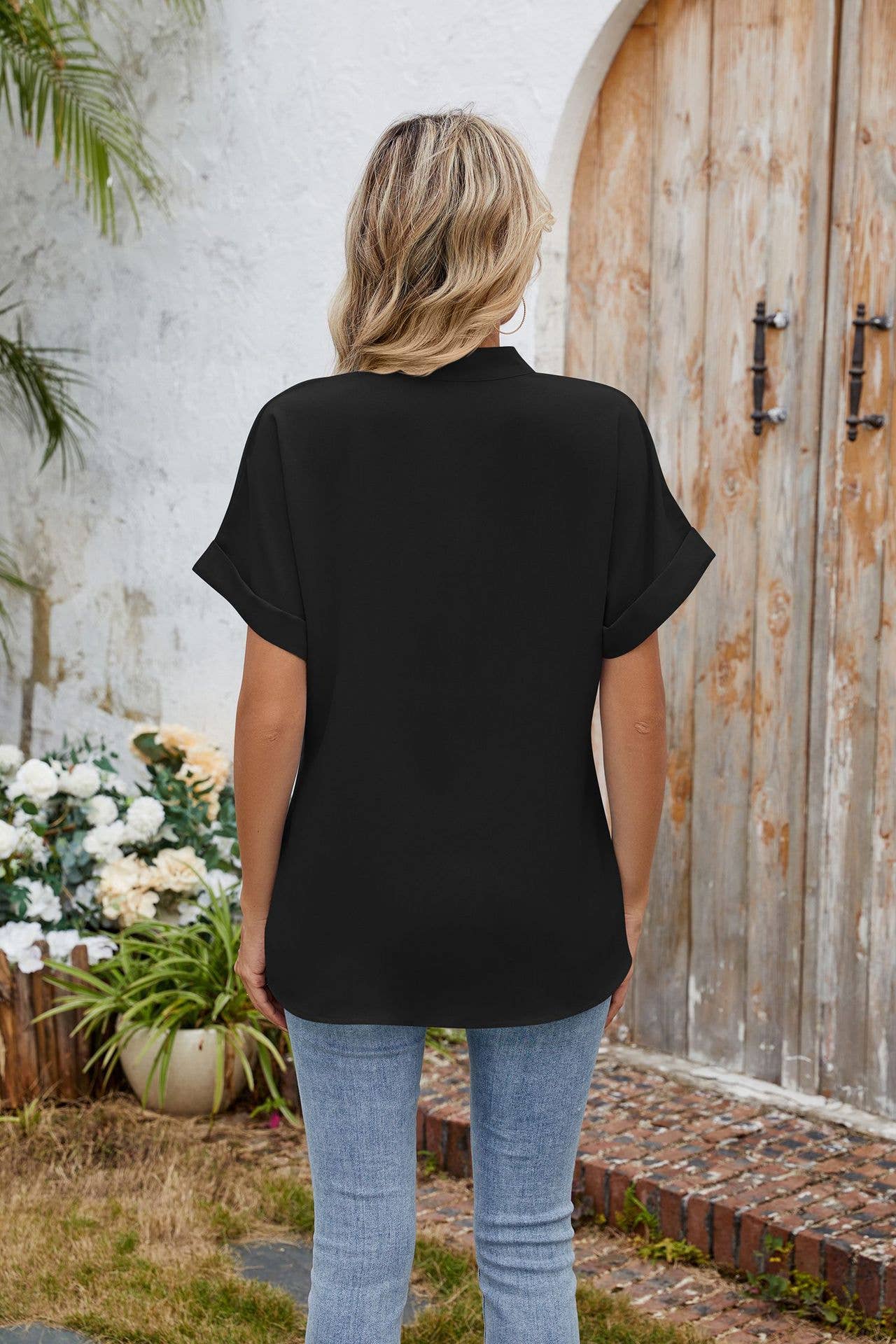 Solid color V-neck short sleeve button chiffon