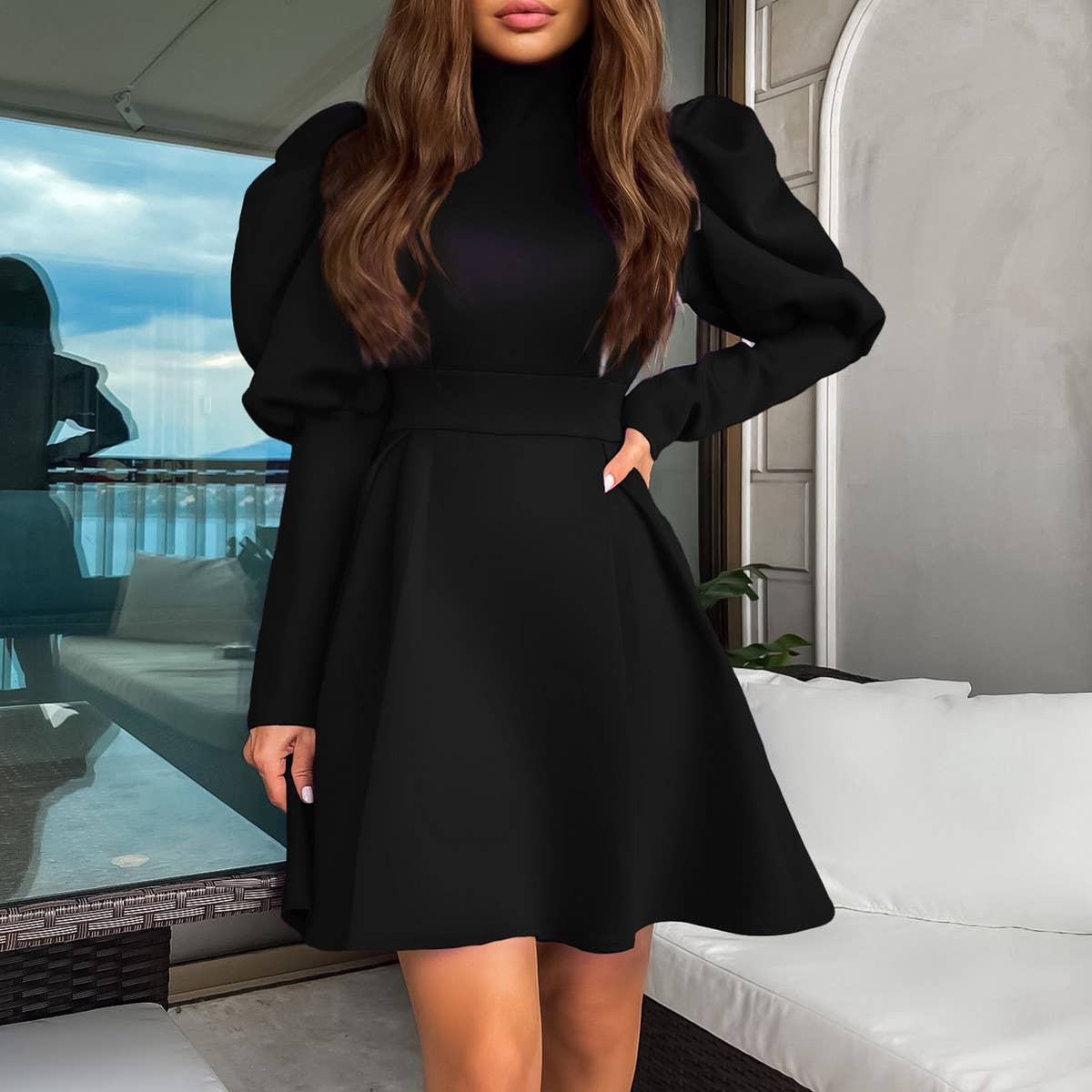 TEMPERAMENT HIGH COLLAR SLIM WAIST A-LINE DRESS