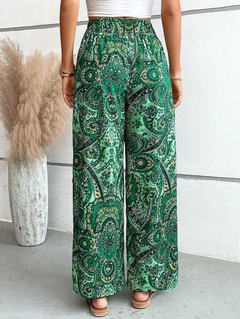 ALL-IN-ONE PRINTED ELASTIC-WAISTED WIDE-LEG PANTS
