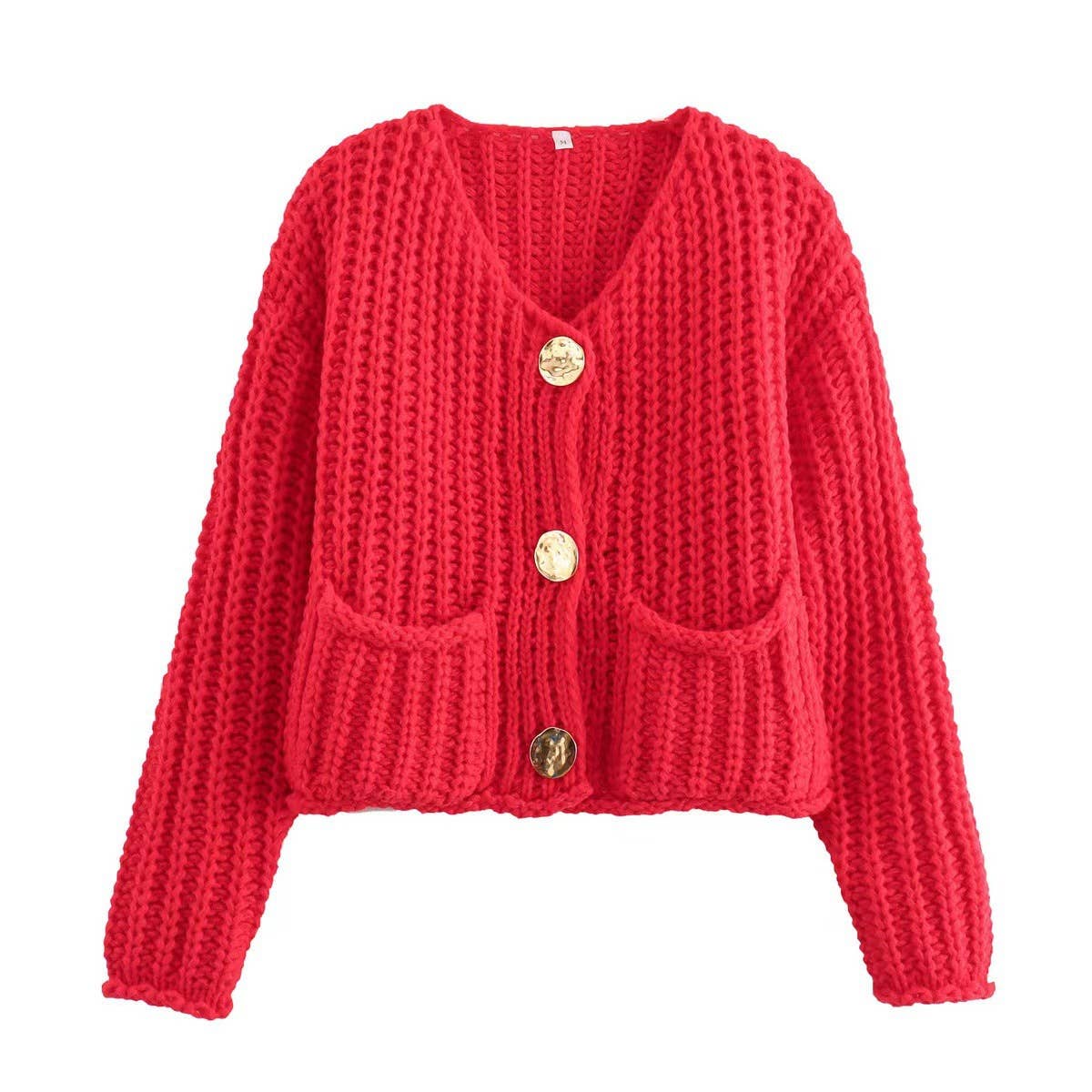 SOLID COLOR SINGLE ROW ROUND BUTTON KNIT CARDIGAN