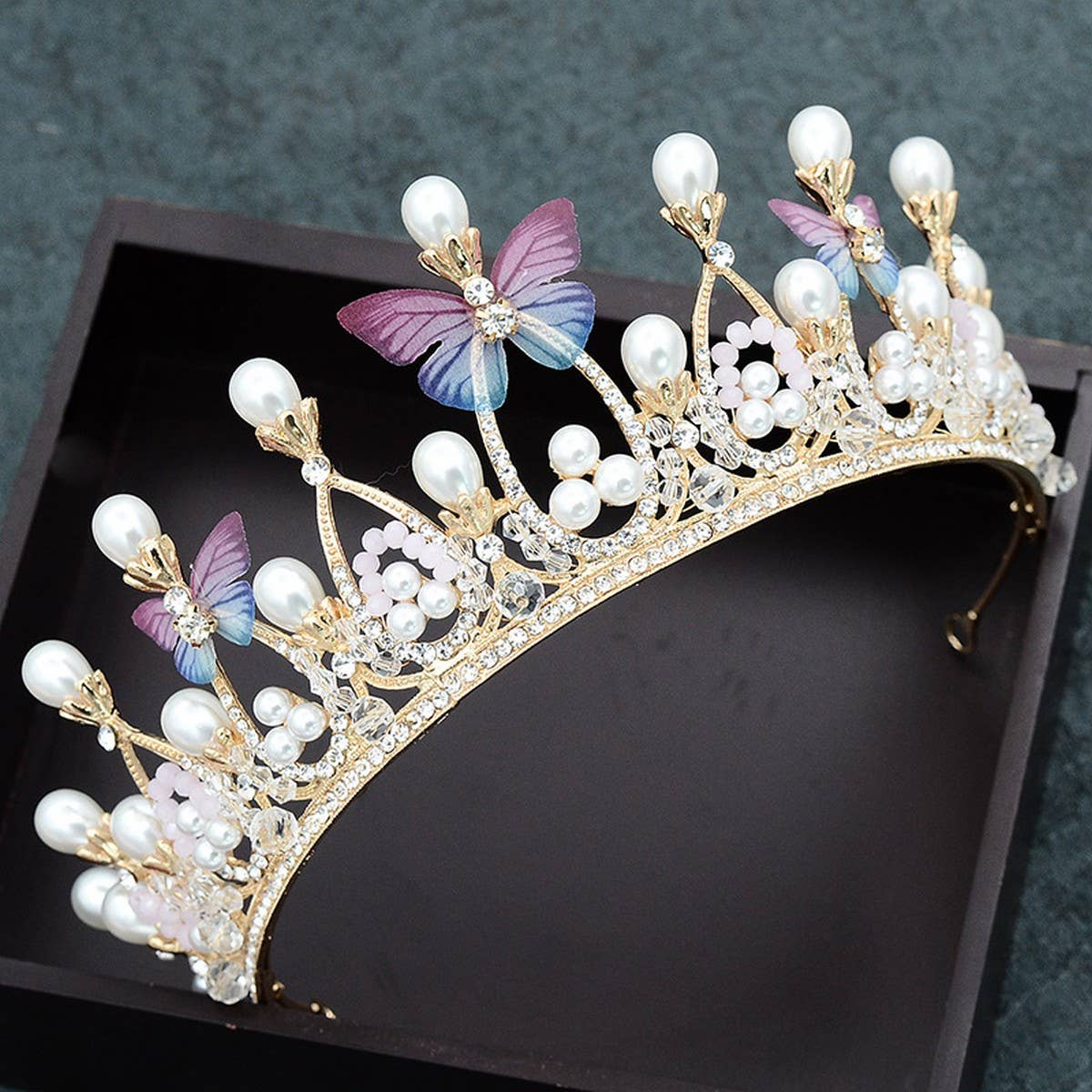 COLORFUL BUTTERFLY PEARL TIARA BRIDAL CROWN